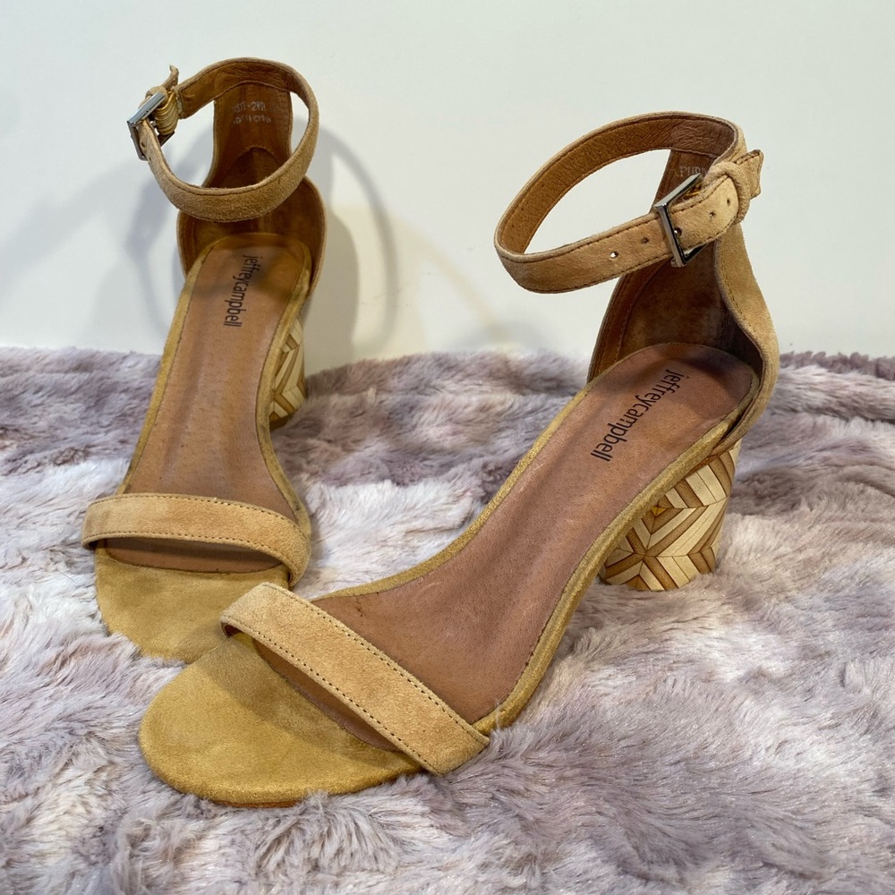 Jeffrey Campbell Purdy tan suede ankle strap open toe faux wood block heel sz 7